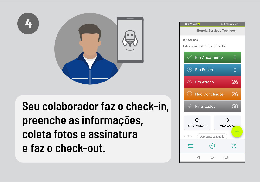 Aplicativo para registrar check-in, check-out, informações da visita, ordem de serviço, fotos e assinatura do cliente